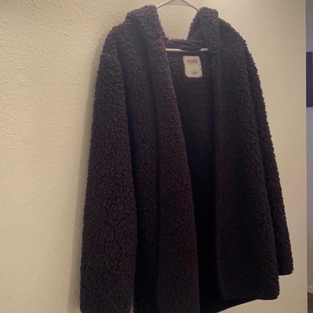 Pink Sherpa cardigan with hood